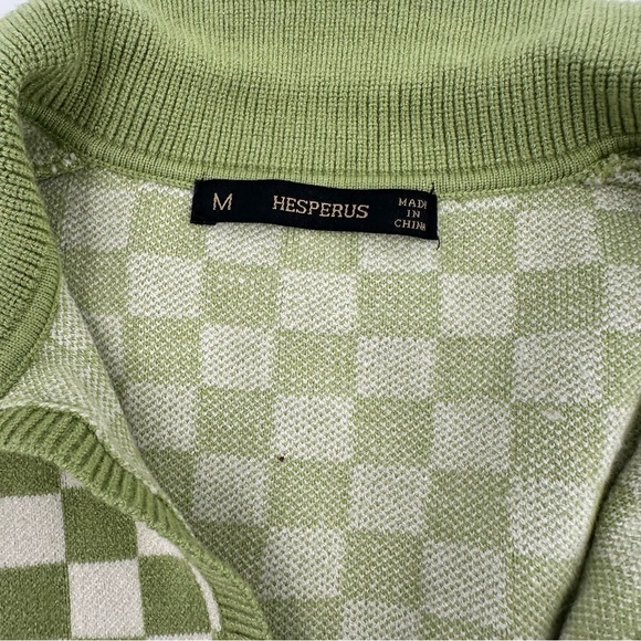 Hesperus Green Cream Checkered Crop Top Collared Sweater Medium Short Sleeve - Picture 3 of 7